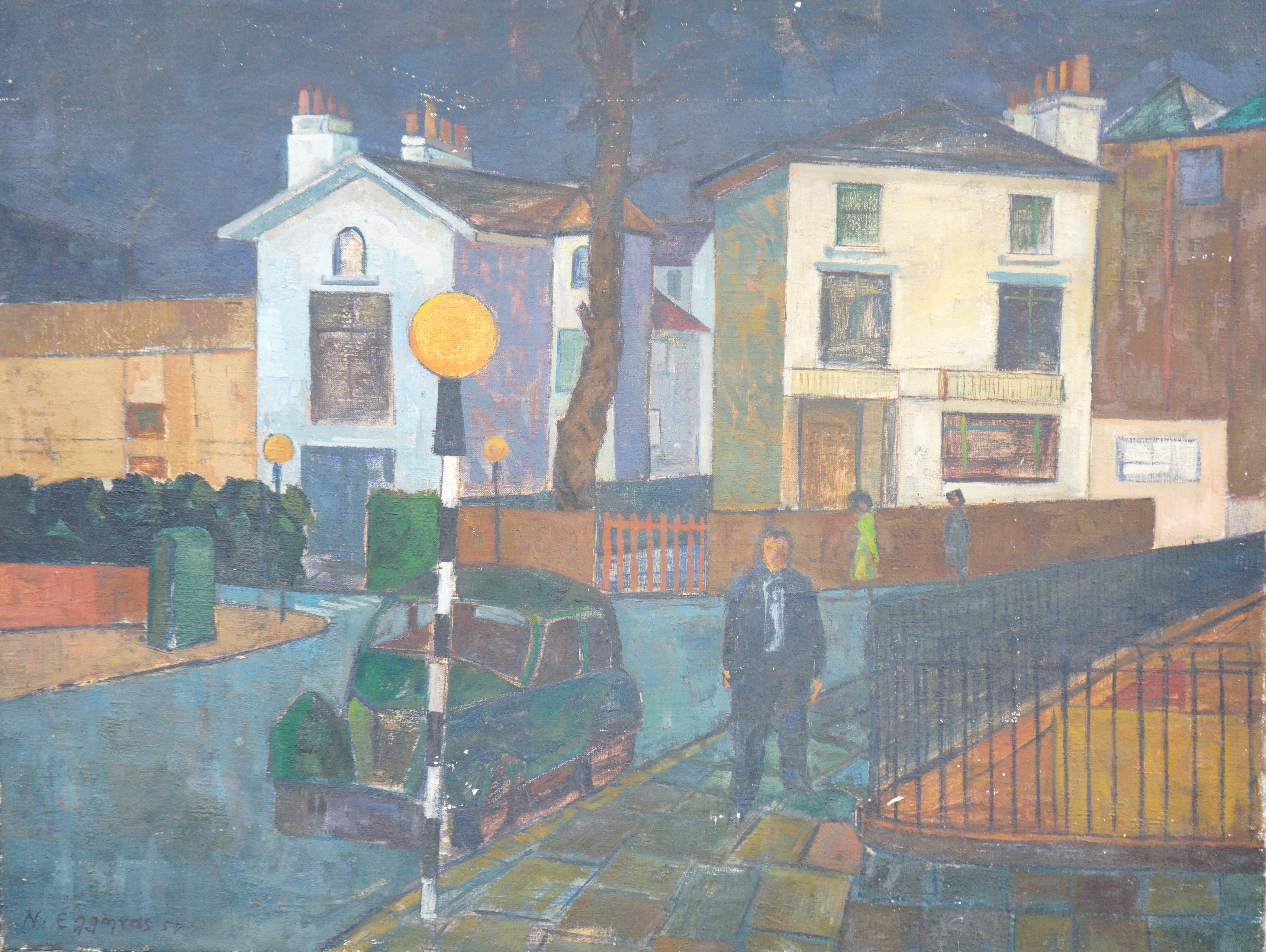Neaamras (Modern British), oil on canvas, Street scene, signed and dated '57, a studio nude sketch verso, with examination label verso, 61 x 76cm, unframed
